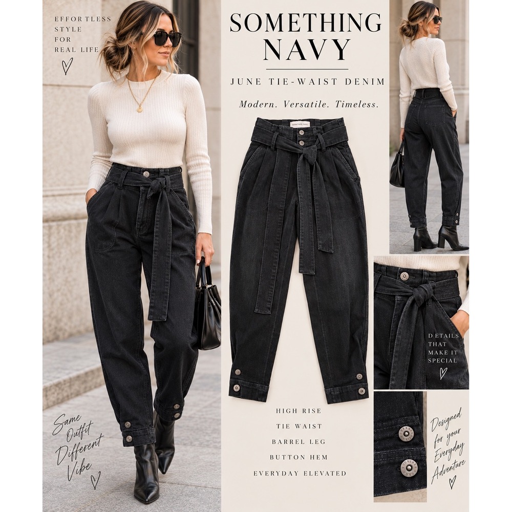 Something Navy June Tie Waist Jeans 00 Black High Rise Barrel Paperbag Denim